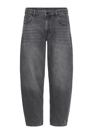 Black denim jeans with a loose fit, featuring five-pocket design, button closure, and subtle fading for texture.