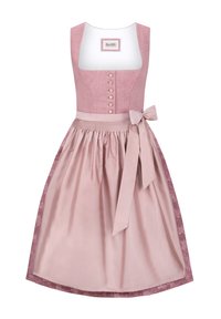 Rosa und mauve Dirndl-Kleid mit tailliertem Oberteil mit Knöpfen, breiten Trägern, plissiertem Rock und einem Ripsband-Bindeband in der Taille mit floralen Akzenten.