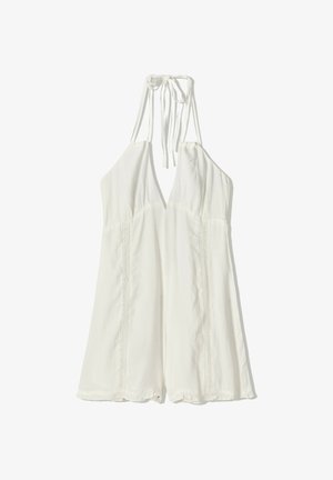 Robe d'été blanche avec un décolleté halter, en tissu texturé, avec un décolleté en V profond et des détails sur les côtés. Offre une coupe ample et décontractée.