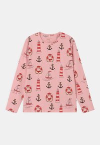 Langärmliges Hemd aus Baumwolle in Pink mit einem maritimen Muster, das Leuchttürme, Anker, Rettungsringe und Segelboote zeigt. Rundhalsausschnitt.