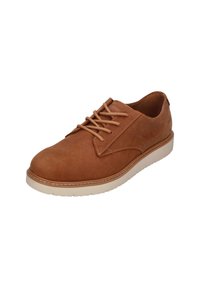 Chaussures en cuir marron à lacets avec un bout rond, semelle blanche contrastante et minimalisme des coutures sur la tige.
