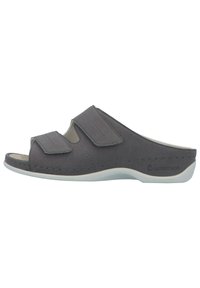 Gray slip-on sandal featuring two adjustable Velcro straps, a cut-out design, and a textured surface on a white sole.