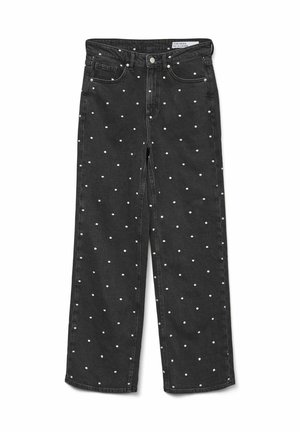 Jean en denim noir avec une coupe loose, ornés de motifs à pois blancs, et design standard à cinq poches avec quincaillerie en métal.