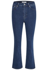 Farkut, joissa on liehit ja tummansininen väri, perinteinen viisi-taskuinen muotoilu, korkea vyötärö ja kontrastiväriset tikkaukset saumoissa.