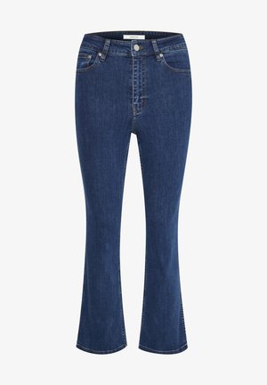 Ausgestellte Denim-Jeans in Dunkelblau mit klassischem Fünf-Taschen-Design, hoher Taille und kontrastierenden Nähten entlang der Seitennähte.