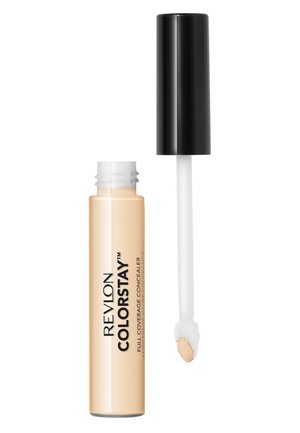 Correttore a copertura totale Revlon Colorstay in un tubetto trasparente con tonalità beige. Cappuccio nero con un applicatore bianco.