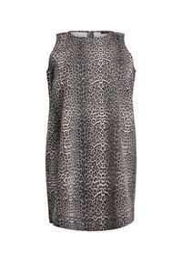 Mouwloze jurk met luipaardprint, met een ronde hals, recht model en een lichte stof in beige en zwarte tinten.