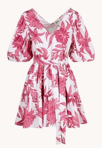 White dress with pink floral print, puffed short sleeves, V-neckline, and a tied waist belt, styled in a flared, tiered skirt design.