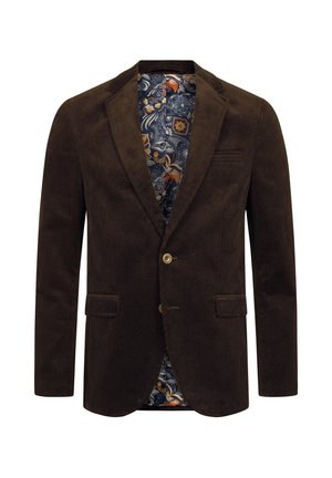 Dunkelbrauner Cord-Blazer für Herren mit zwei vorderen Klappentaschen, Ein-Knopf-Verschluss und gemusterter floral Paisley-Innenfutter.