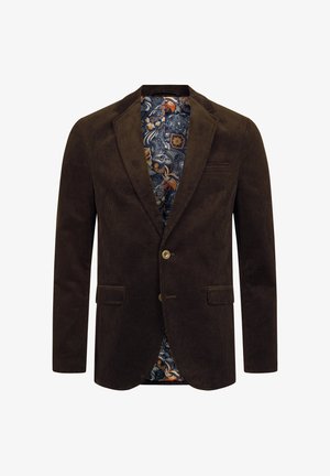 Dunkelbrauner Cord-Blazer für Herren mit zwei vorderen Klappentaschen, Ein-Knopf-Verschluss und gemusterter floral Paisley-Innenfutter.