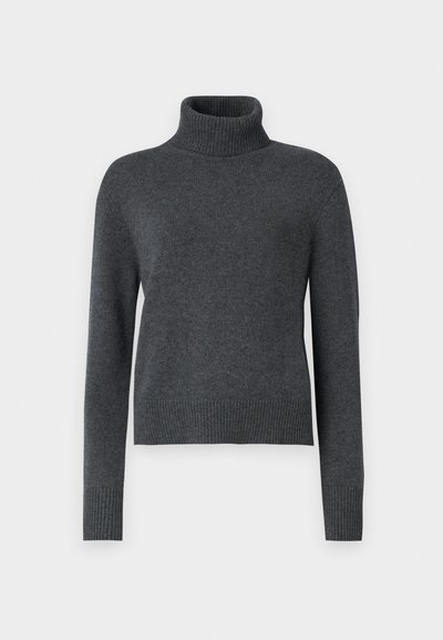 Gray turtleneck sweater made of soft knit fabric, featuring long sleeves and a ribbed hem for a fitted look.