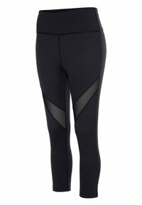 Schwarze Sportleggings mit hohem Bund, ausgestattet mit Mesh-Einsätzen an den Seiten. Glattes Material mit passgenauer Form, das bis zur Mitte der Wade reicht.