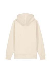 Hoodie beige con una texture morbida, dotato di cappuccio con coulisse, maniche lunghe e polsini e orlo a coste. Design semplice, senza ulteriori motivi.