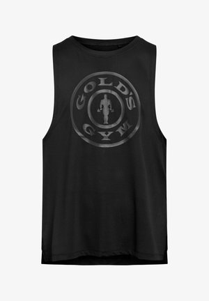 Czarny bezrękawnik sportowy z odblaskowym logo Gold's Gym w kolorze złotym, przedstawiający muskularną postać trzymającą hantle w centralnym okręgu.