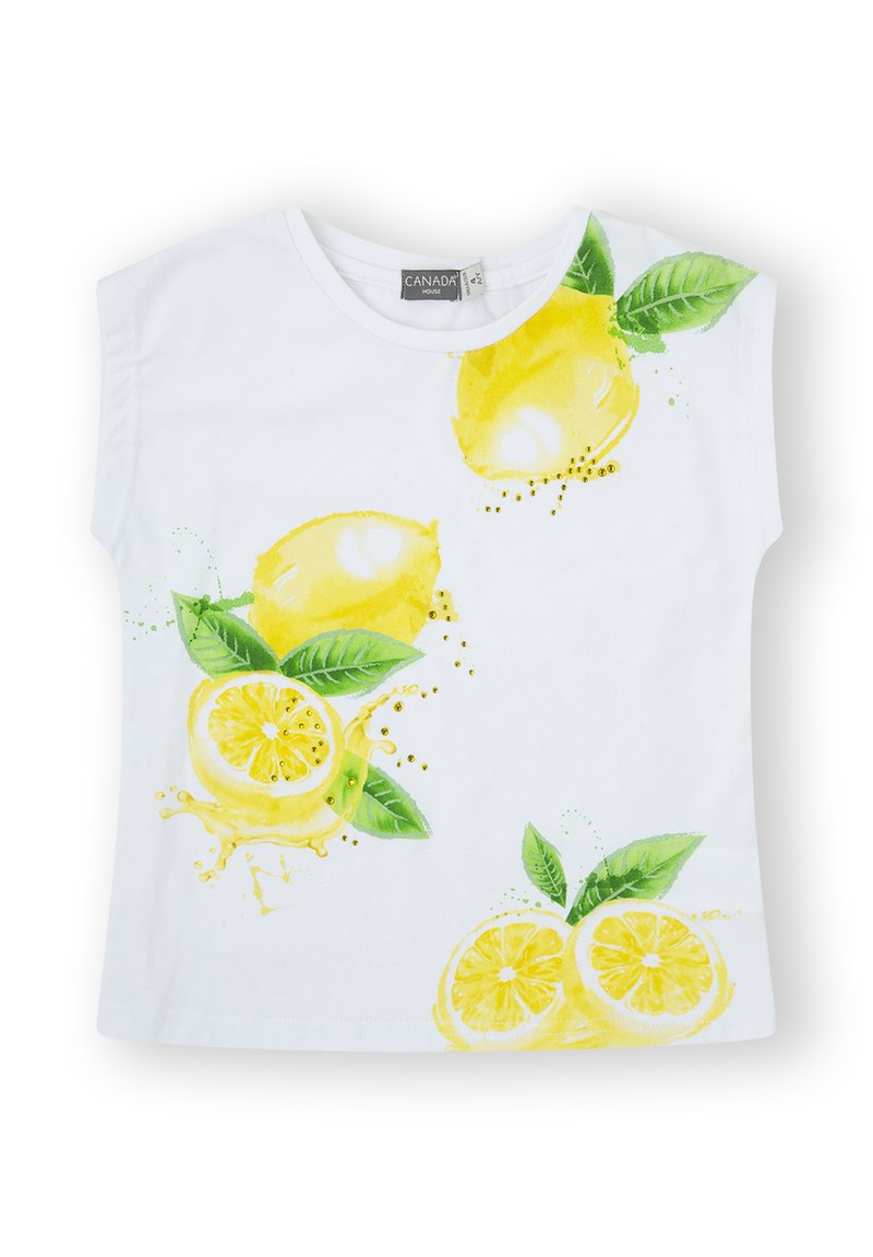 Camiseta de algodón blanca con vibrantes estampados de limones amarillos y hojas verdes. Mangas cortas, escote redondo y detalles salpicados.