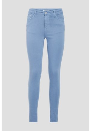 Jeans skinny bleu clair en denim, avec taille mi-haute, cinq poches et une texture lisse et légèrement extensible.