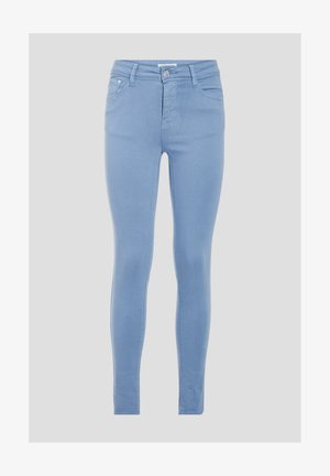 Lichtblauwe skinny jeans van denim, met een middelhoge taille, vijf zakken en een gladde, iets rekbare textuur.