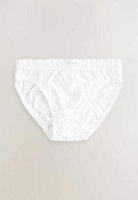 Weiße Baumwollunterwäsche mit einem elastischen Bund, glatter Textur und gathers an den Seiten für eine enge Passform. Keine sichtbaren Muster oder zusätzlichen Details.