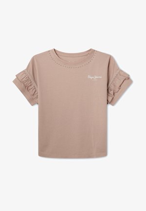 Hellbraunes kurzärmliges Hemd mit Rüschensleeves, kleinen dekorativen Nägeln am Ausschnitt und weißem "Pepe Jeans London"-Logo auf der Brust.