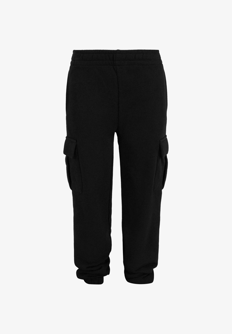 Svarte joggebukser laget av bomullsblanding, med elastisk midje, ribbestrikkede mansjetter og to side cargo-lommer.