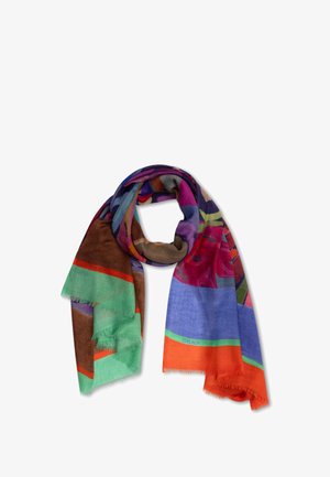 Multikleurige sjaal met abstracte bloemen- en geometrische patronen in paars, groen, oranje, bruin en blauw, met franjes aan de randen.
