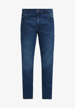 Tumed sinised denim püksid sirge lõikega, viie tasku, nööpidega kinnituse ja kangas kergete kulumisjoontega.