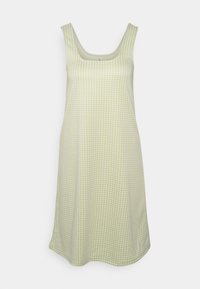 Vestido sem mangas em verde claro com um padrão xadrez. Apresenta um decote quadrado e uma silhueta fluida feita de tecido suave.
