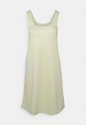 Vestido sem mangas em verde claro com um padrão xadrez. Apresenta um decote quadrado e uma silhueta fluida feita de tecido suave.