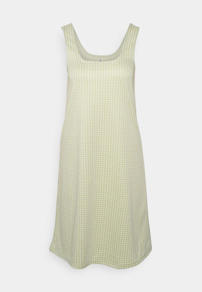 Vestido sem mangas em verde claro com um padrão xadrez. Apresenta um decote quadrado e uma silhueta fluida feita de tecido suave.