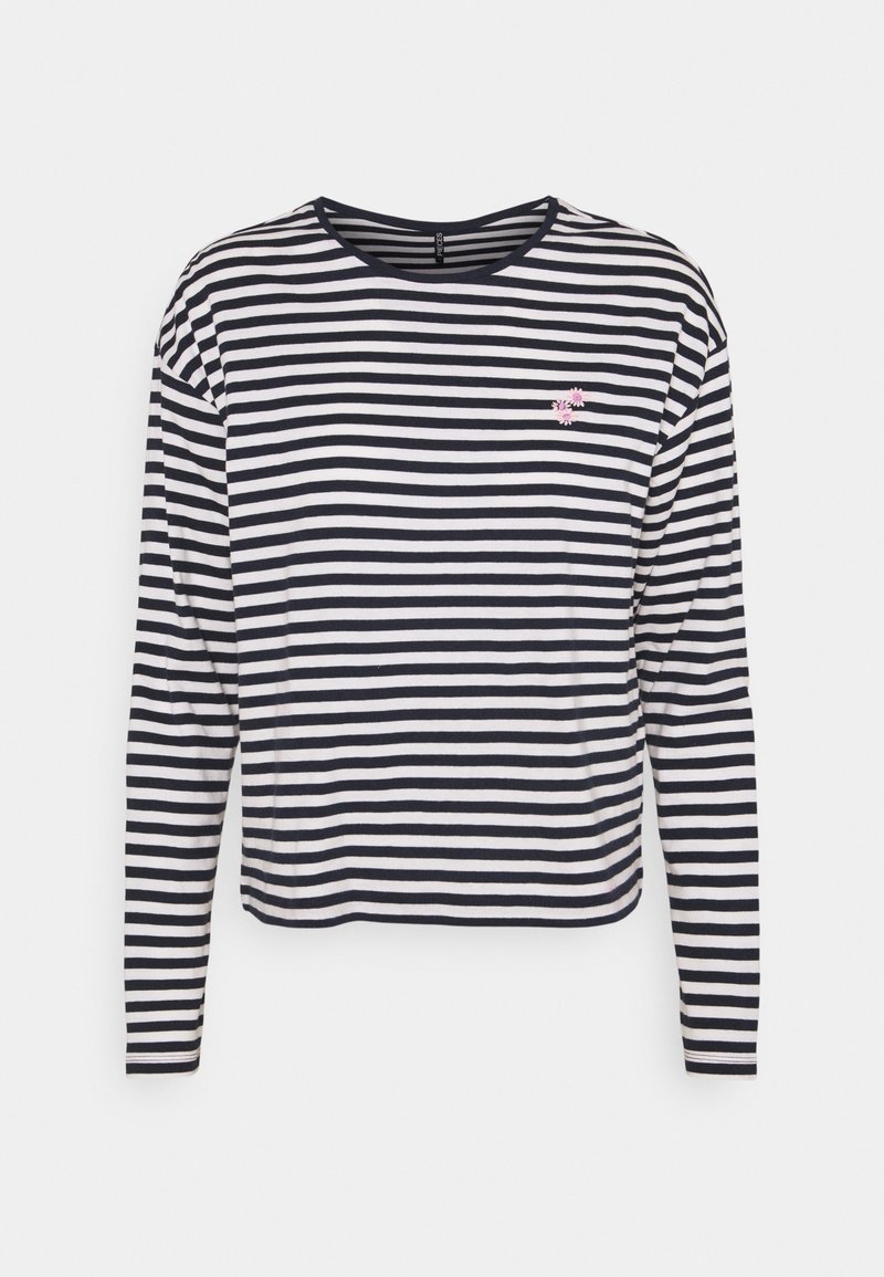 Långärmad skjorta i marinblå och vit randig design, i bomull, med rund halsringning och en liten rosa blommig brodyr på bröstet.