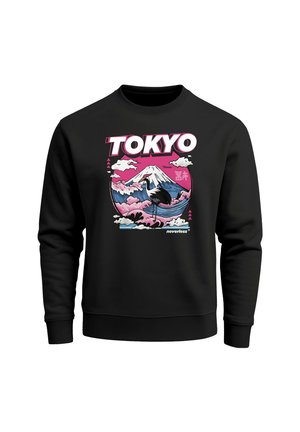 Black sweatshirt featuring a colorful graphic of Mount Fuji, a crane, and clouds, with the word "TOKYO" prominently displayed in white and pink.