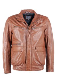 Brun läderjacka med hög krage, frontdragkedja och flera dragkedjefickor. Har en mjuk textur och skräddarsydd passform.