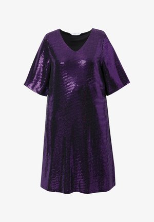 Lilla pailletkjole med V-udskæring, korte ærmer og løs pasform, der har en skinnende overflade og en glat indvendig foer.