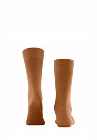 Calze in cotone marrone con polsino a coste, caratterizzate da una texture liscia e un design senza cuciture, mostrate dal retro.