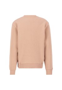 Sudadera rosa clara, mezcla de algodón, cuello redondo, mangas largas, puños y dobladillo acanalados, textura suave, diseño simple, parte posterior lisa.