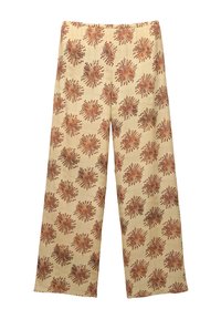 Wijd-uitlopende broeken van zachte stof met een beige achtergrond en een herhaald roestkleurig bloemenpatroon. Elastische tailleband voor comfort.
