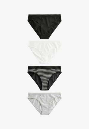Quattro paia di biancheria intima femminile: nera, bianca, a strisce nere e grigia. Tutte hanno un tessuto morbido e una rifinitura in pizzo lungo la vita.