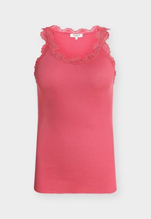 Ροζ ριπ αμάνικη μπλούζα με δαντέλα με κυματιστό τελείωμα γύρω από το ντεκολτέ και τις μασχάλες, μέγεθος μικρό.