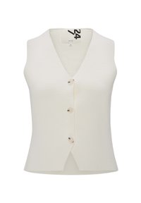 Ärmlös krämfärgad kofta med V-hals, tre beiga knappar framtill och en lätt utvidgning vid fållen.