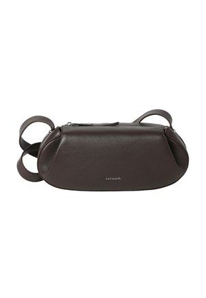 Dark brown leather shoulder bag with a zip closure and adjustable strap, shaped with rounded edges and textured surface.