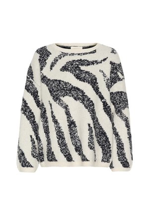 White sweater with black zebra stripes. Soft texture, ribbed neckline and hem, loose fit, long sleeves, and varied stripe thickness.