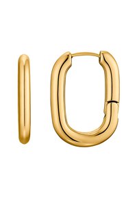 Orecchini a cerchio in tono oro caratterizzati da un design liscio e arrotondato. Uno ha una forma allungata e ovale; l'altro è di forma circolare e sottile.
