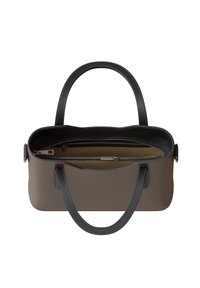 Gray handbag with a smooth texture, contrasting dark handles, spacious interior, and zippered compartment. Accented stitching visible.
