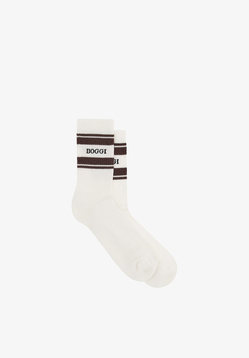 Chaussettes blanches montantes avec deux bandes horizontales foncées et le logo texte "BOGGI" près du haut du bord-côte, présentées sur un fond blanc.