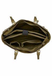 Borsa a mano verde oliva con manici doppi e chiusura con zip; l'interno presenta più scomparti e una fodera in tessuto liscio.
