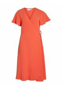 Orange omklädningsklänning med korta svepande ärmar, V-ringning, knytlinning i midjan och en svängande kjol med rundad fåll. Texturerad tyg.