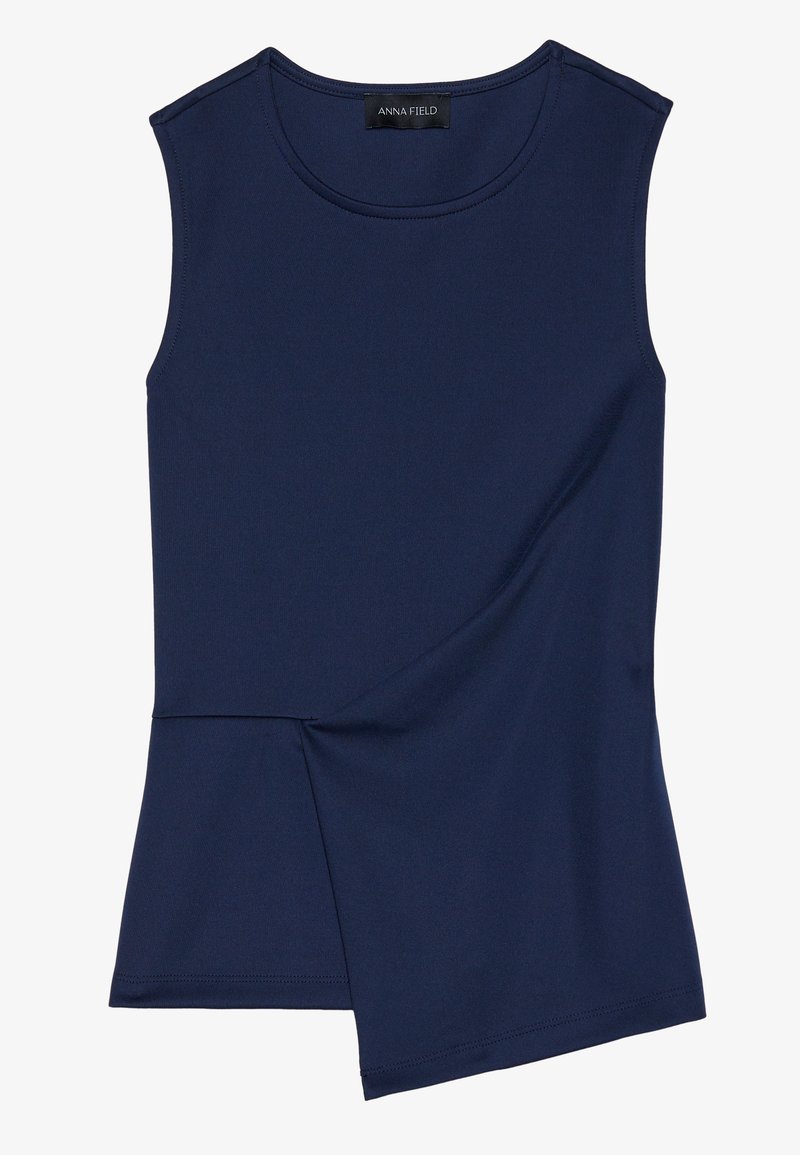 Granatowy bezrękawnik wykonany z gładkiego materiału, z drapowaną konstrukcją i subtelnymi plisami w talii.