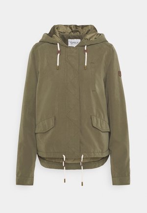 Olive green hooded jacket with a drawstring, two front pockets, and a textured surface. Features a brand tag on the sleeve.