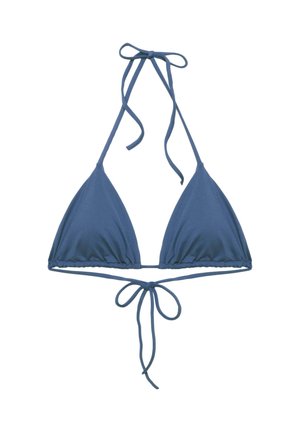 Blå trekant bikini top med justerbare nakkebånd og bageste snørebånd, lavet af glat stof.