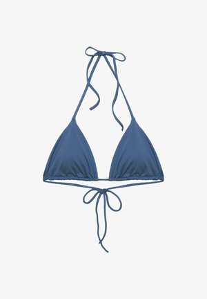 Plavi bikini top u obliku trokuta s podesivim vezicama na vratu i leđima, izrađen od glatke tkanine.